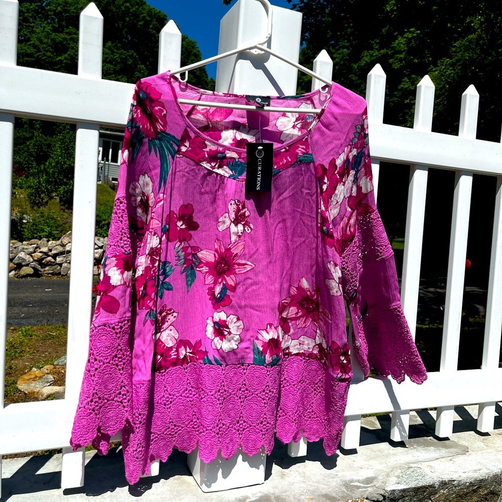 Curations Printed Gauze Lace-Trimmed Blouse size m
